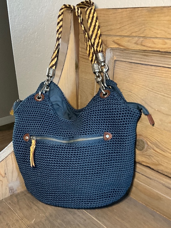 The Sak Handbags - The Sak Blue Crochet Shoulder Bag Gold Brown Braided Leather Handles Boho EUC
